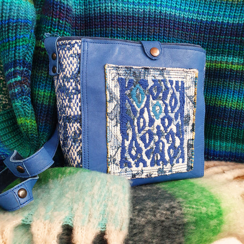 Handmade Blue Leather and Tapestry Bag