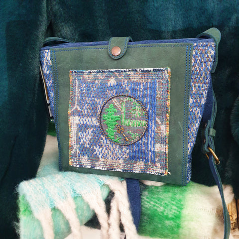 Handmade Green Leather and Tapestry Bag