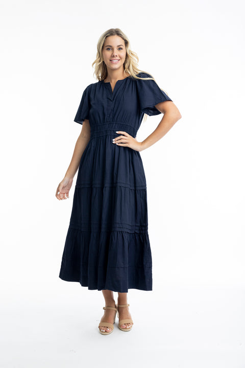 Navy Poplin Ruched Waist Dress