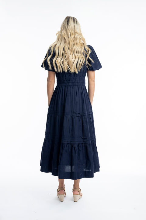 Navy Poplin Ruched Waist Dress