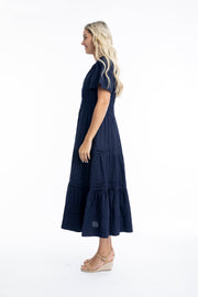 Navy Poplin Ruched Waist Dress