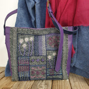 Purple Leather and Stitched Fabric Bag