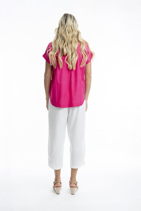 Hot Pink Essential Linen Blend V Neck Top