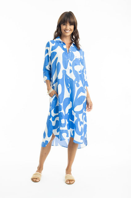 Blue Print Linen Shirt Dress