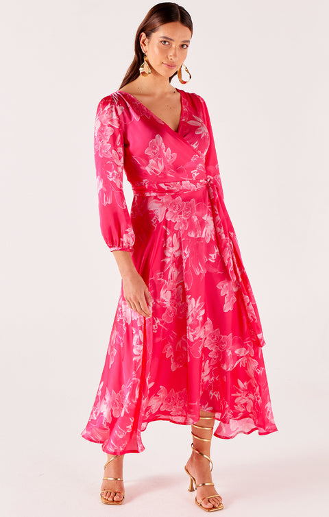 Hot Pink Lotus Floral Wrap Dress