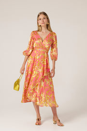 Peach Gold Flower Peach Faced Wrap Dress