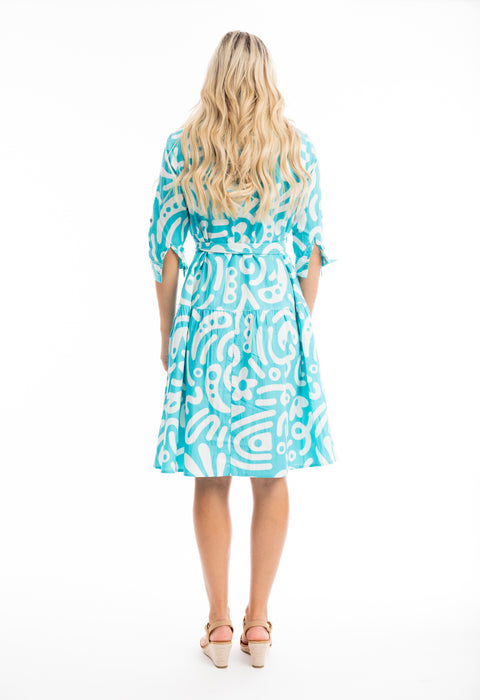 Aqua and White Print Poplin Dress