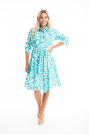 Aqua and White Print Poplin Dress