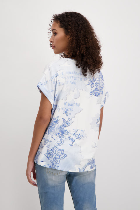 Blue and White Print Tee With Silver Feature