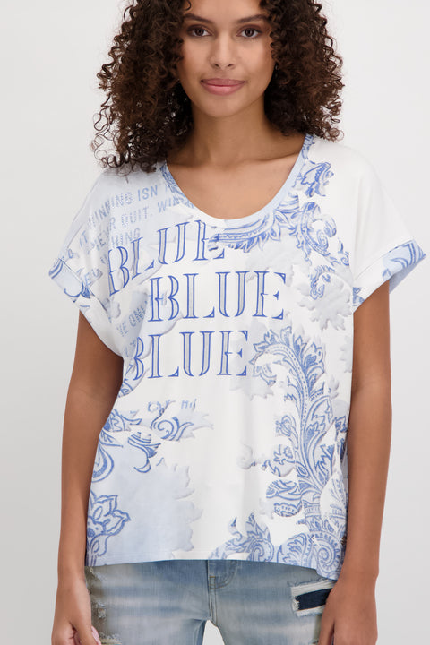 Blue and White Print Tee With Silver Feature