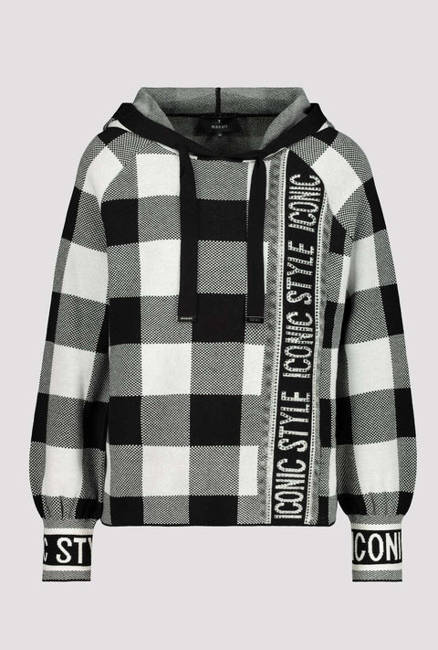 Black and Stone Check Hooded Jumper